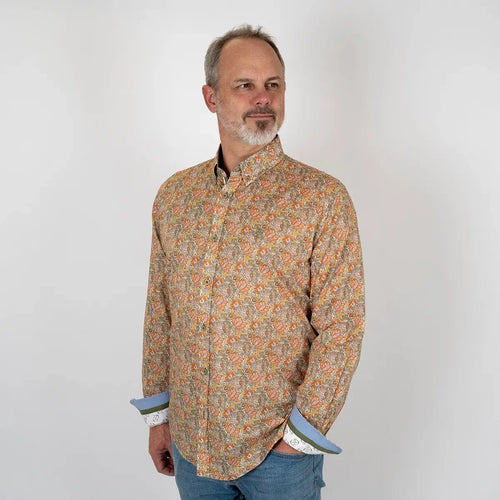 Chemise à manches longues kaki motif floral en voile de coton BACK to LEGEND (vue de 3/4 face)