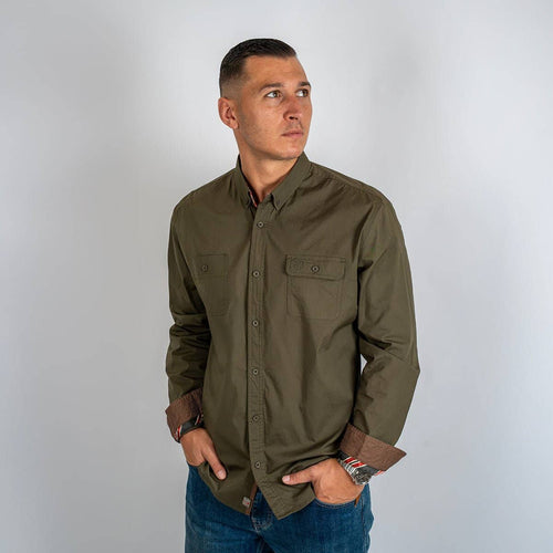 Chemise homme à manches longues kaki en popline 2 poches poitrine