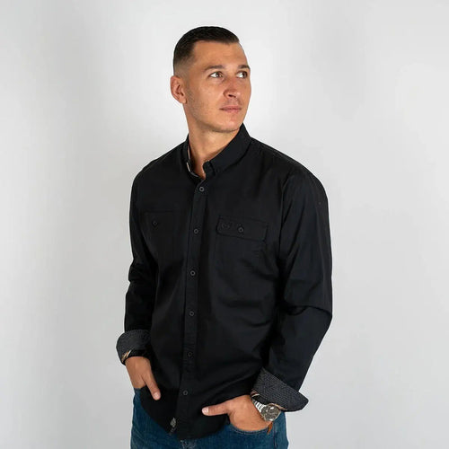 Chemise à manches longues noire en popline 2 poches poitrine