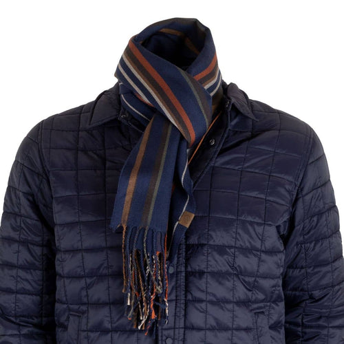 Écharpe bleu marine à franges et rayures multicolores
