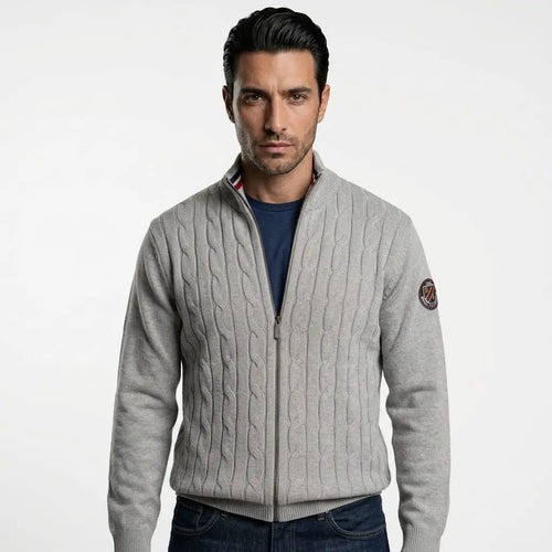 Gilet homme zippé gris chiné à maille torsadée BACK TO LEGEND