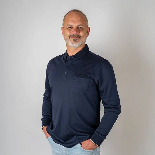 Polo homme bleu marine à manches longues - 100% coton mercerisé