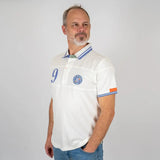 Polo blanc n°9 en coton jersey peau de pêche BACK to LEGEND (vue de 3/4 face)