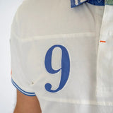 Polo blanc n°9 en coton jersey peau de pêche BACK to LEGEND (zoom poitrine)