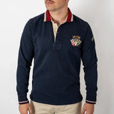 Polo bleu marine à manches longues Barbarians multi-badge (vue de face)