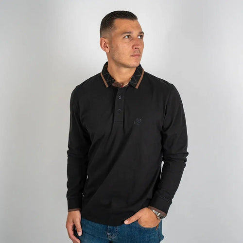 Polo noir manches longues brodé d'un ballon de rugby BACK to LEGEND