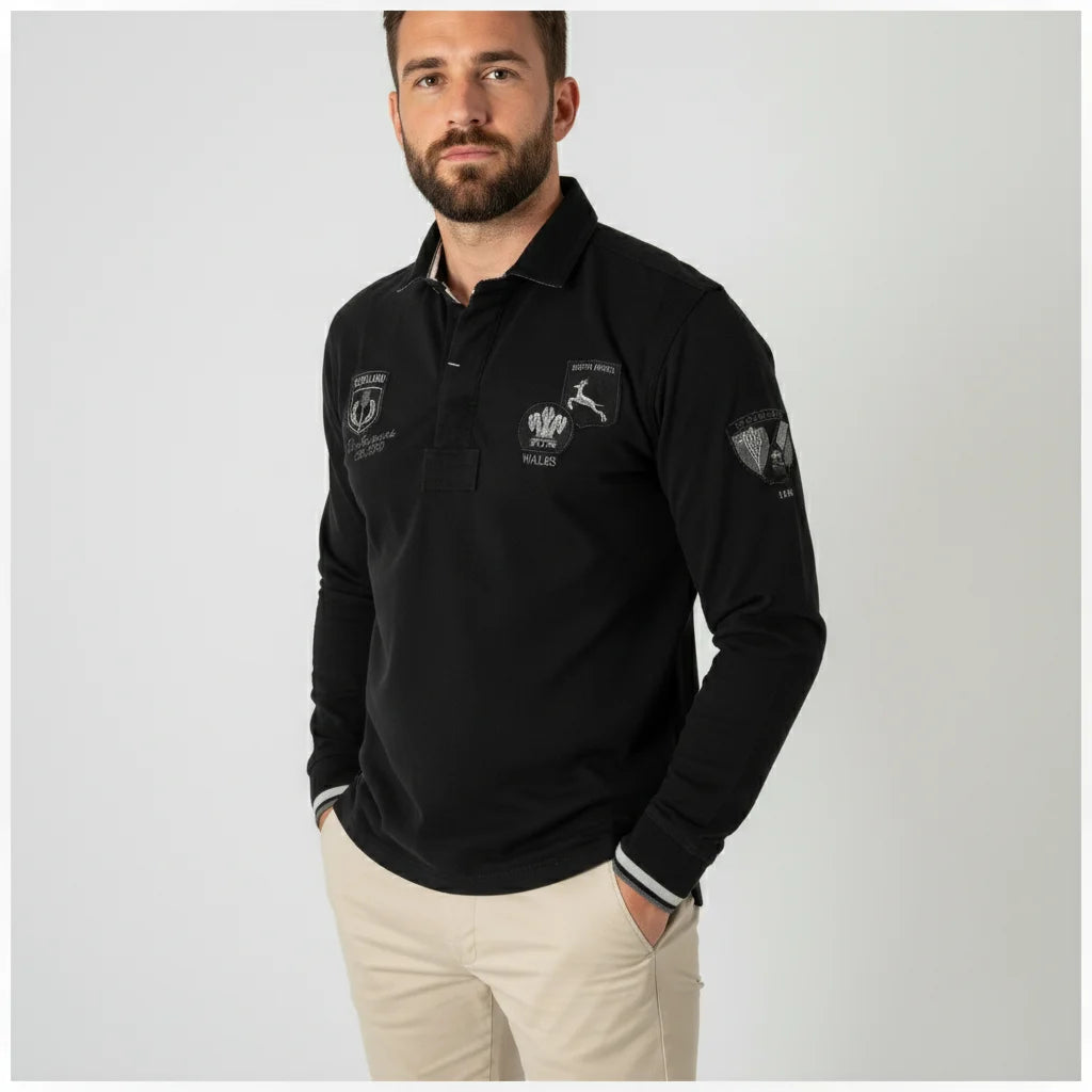 Barbarians long-sleeved black multi-badge polo shirt BACK to