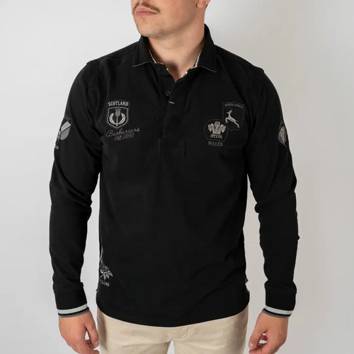 Polo noir homme à manches longues Barbarians multi-badge