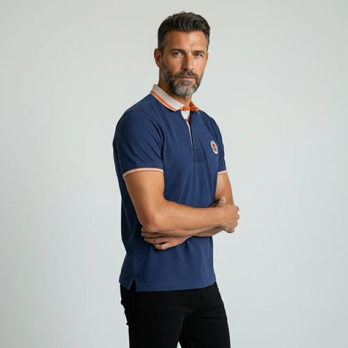 Polo slub bleu indigo col contrasté BACK to LEGEND