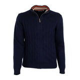 Pull full zip torsadé bleu marine en coton et cachemire