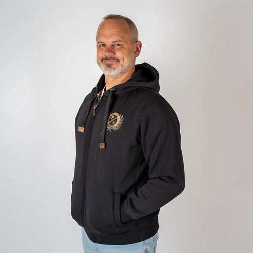 Sweat à capuche zippé noir brodé d'un ballon de rugby Back To Legend