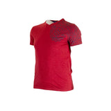 T-shirt rouge col V imprimé maori (vue de 3/4 face)