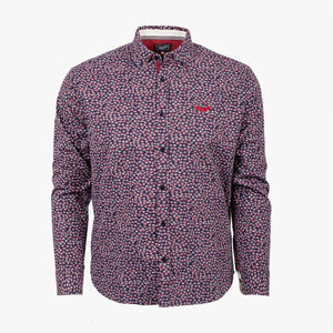 Chemise Homme Manches Longues Imprimé Fleurs Bleues Et Blanches - Polyester, Coupe Droite - Style Décontracté Semi-formel