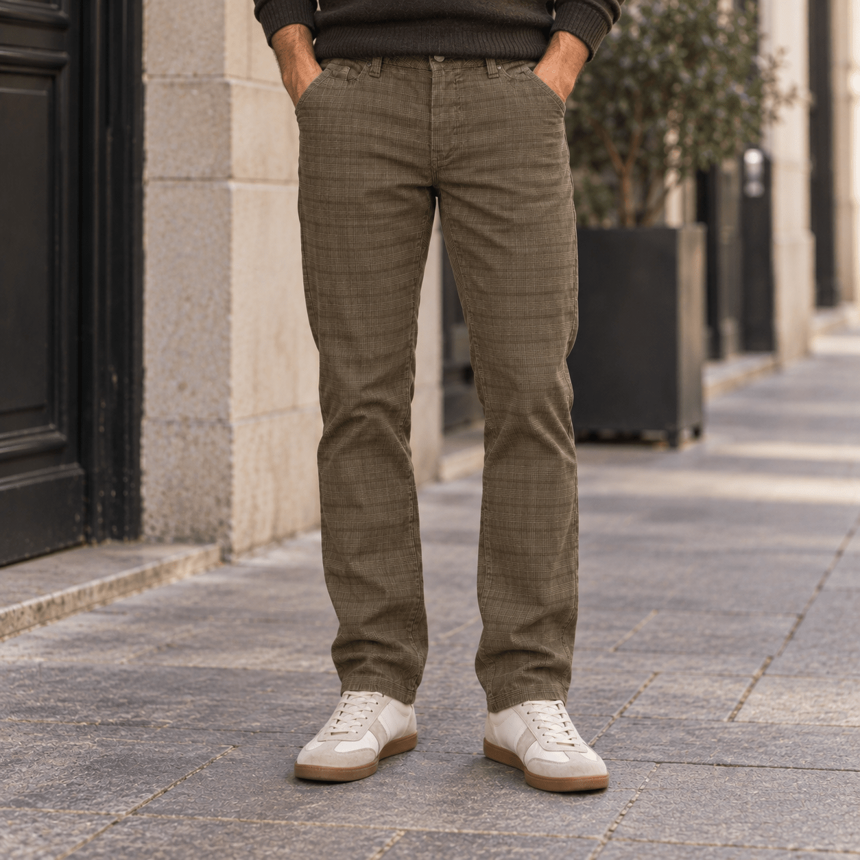 Pantalon velours beige motif Prince de Galles