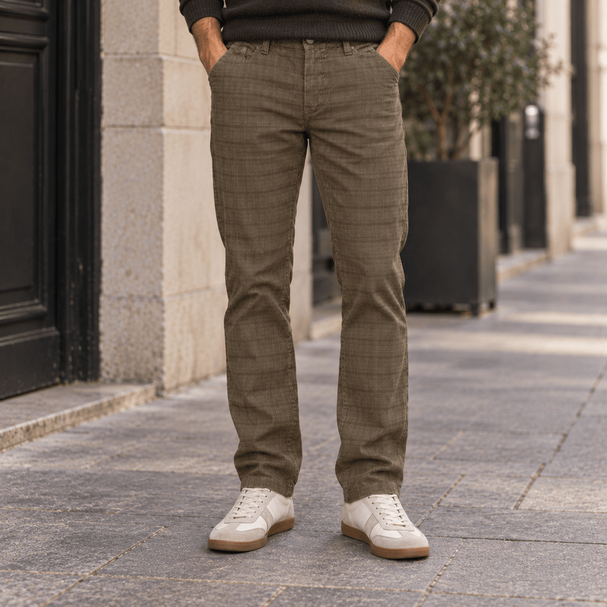Pantalon velours beige motif Prince de Galles