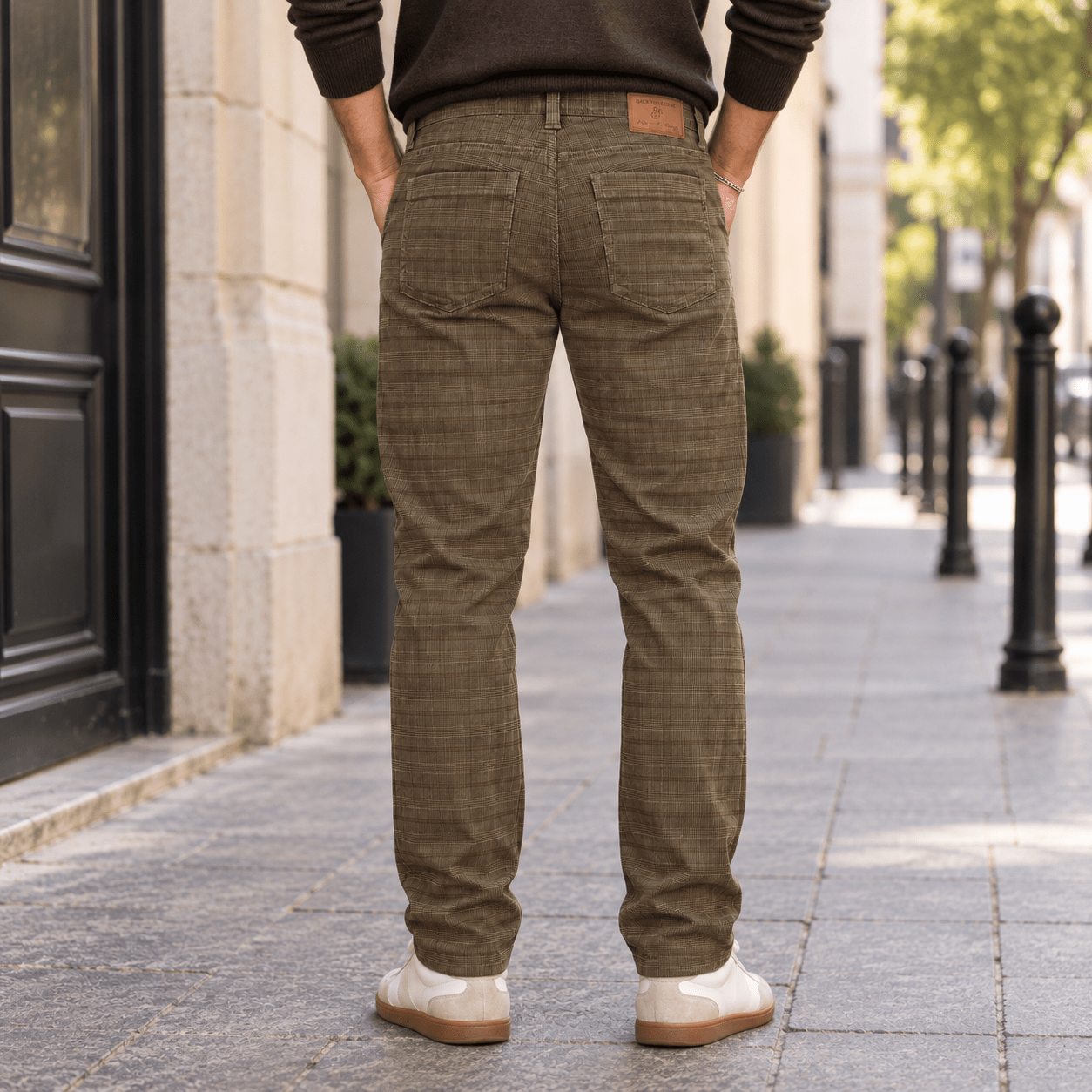 Pantalon velours beige motif Prince de Galles