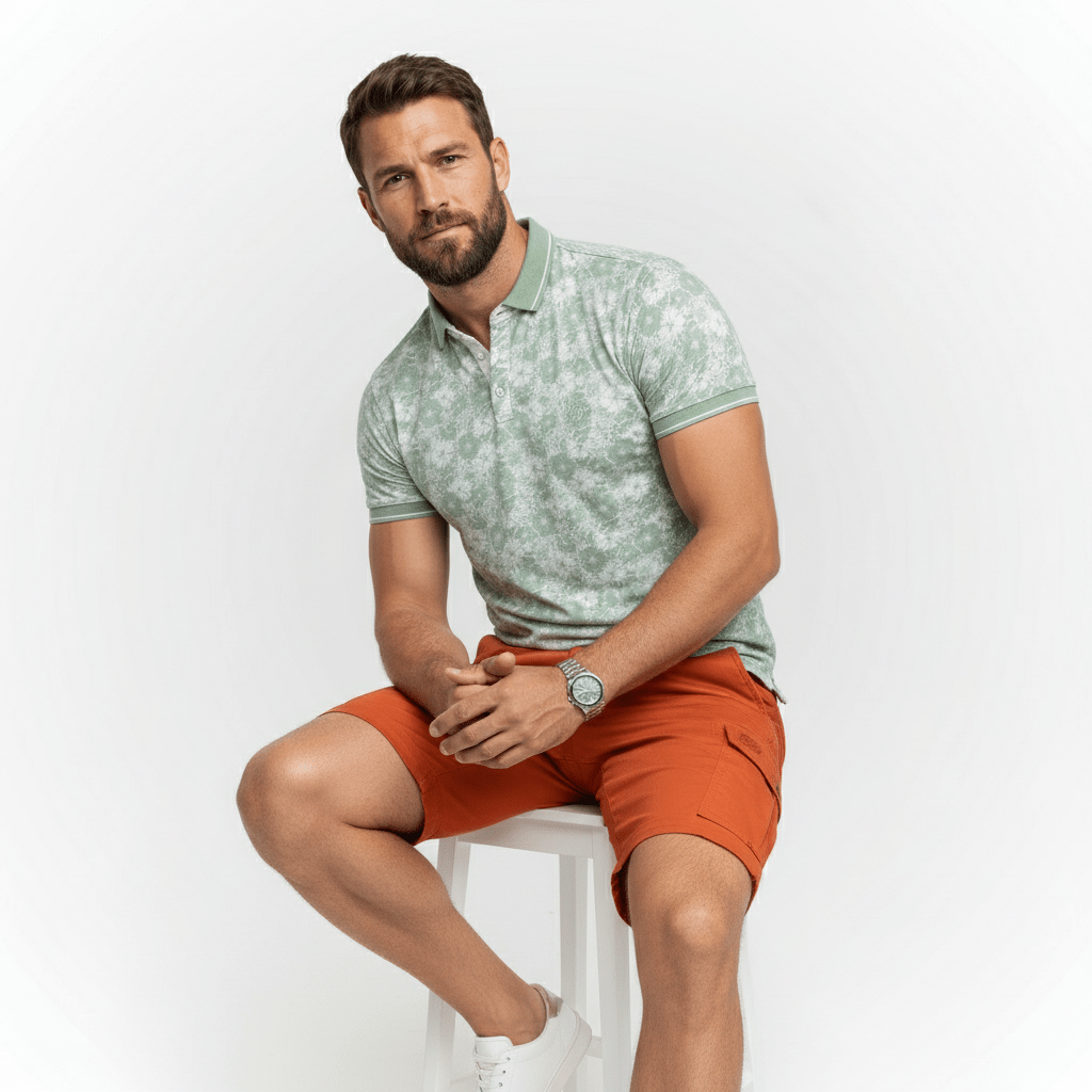 Almond green polo shirt floral print