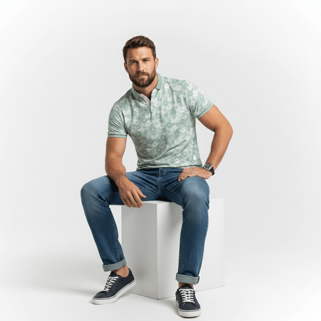 Almond green polo shirt floral print