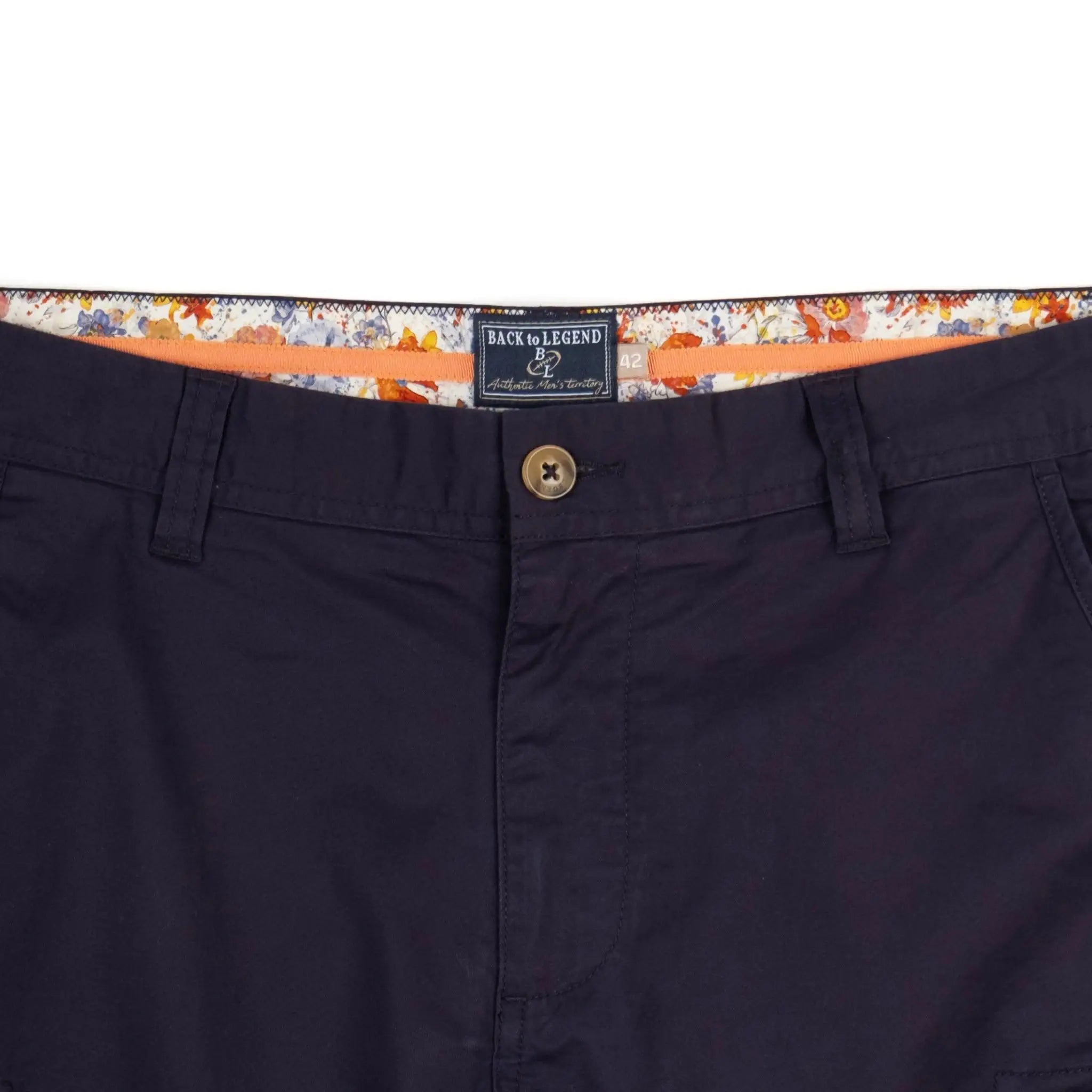 Bermuda coupe cargo bleu marine pour homme BACK TO LEGEND (zoom fermeture et passants de ceinture)