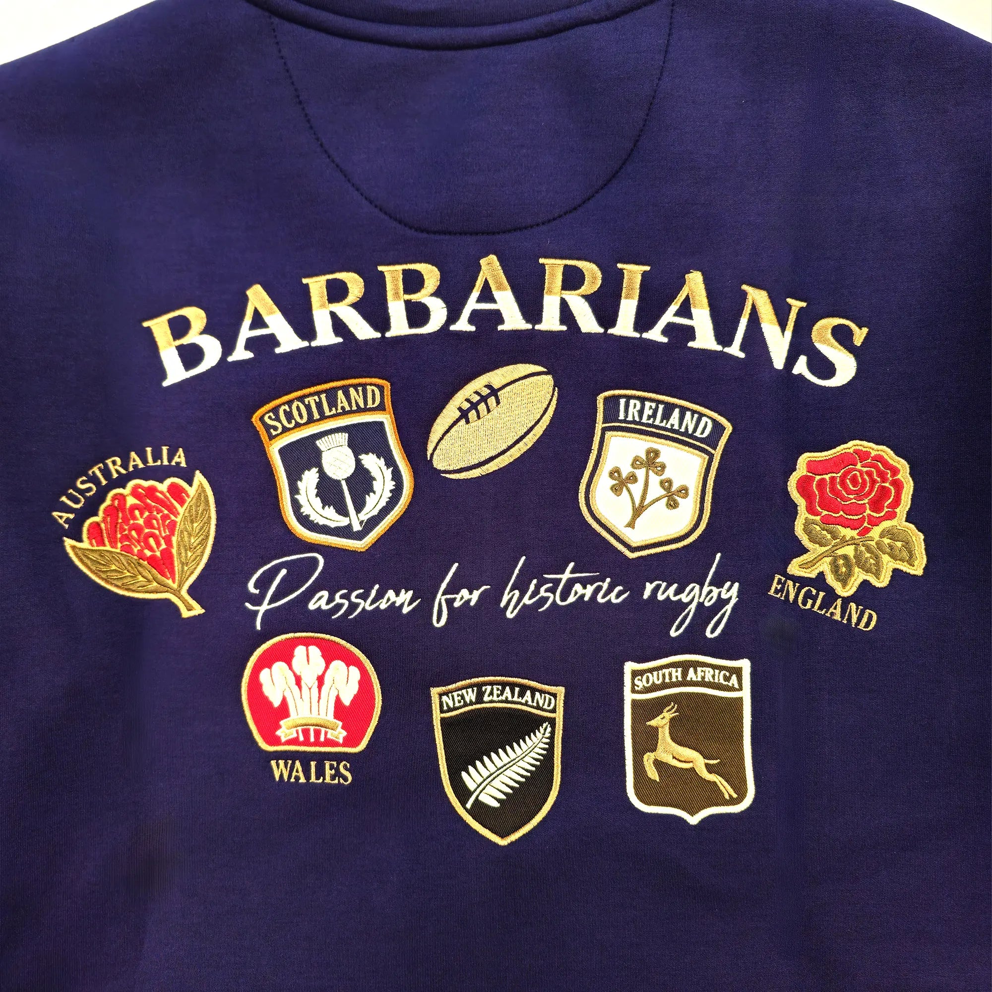 Blouson Barbarians en néoprène bleu marine pour hommes BACK TO LEGEND (zoom écussons multi nations)
