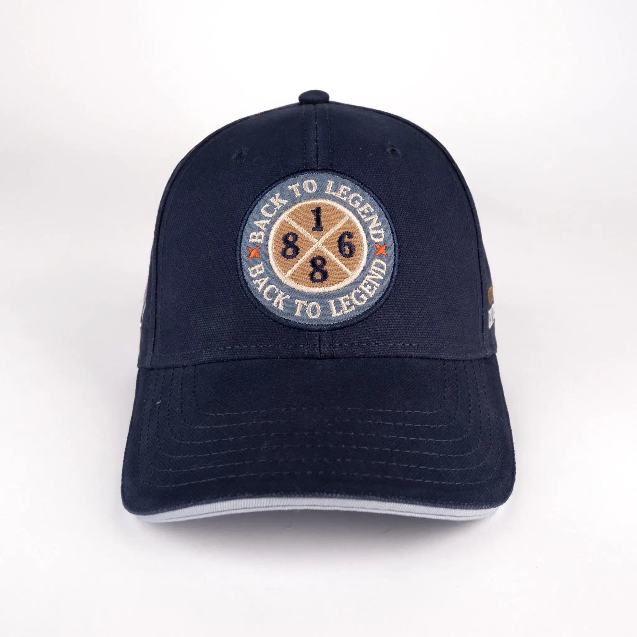 Casquette bleue en twill de coton BACK TO LEGEND (vue de la face avant)