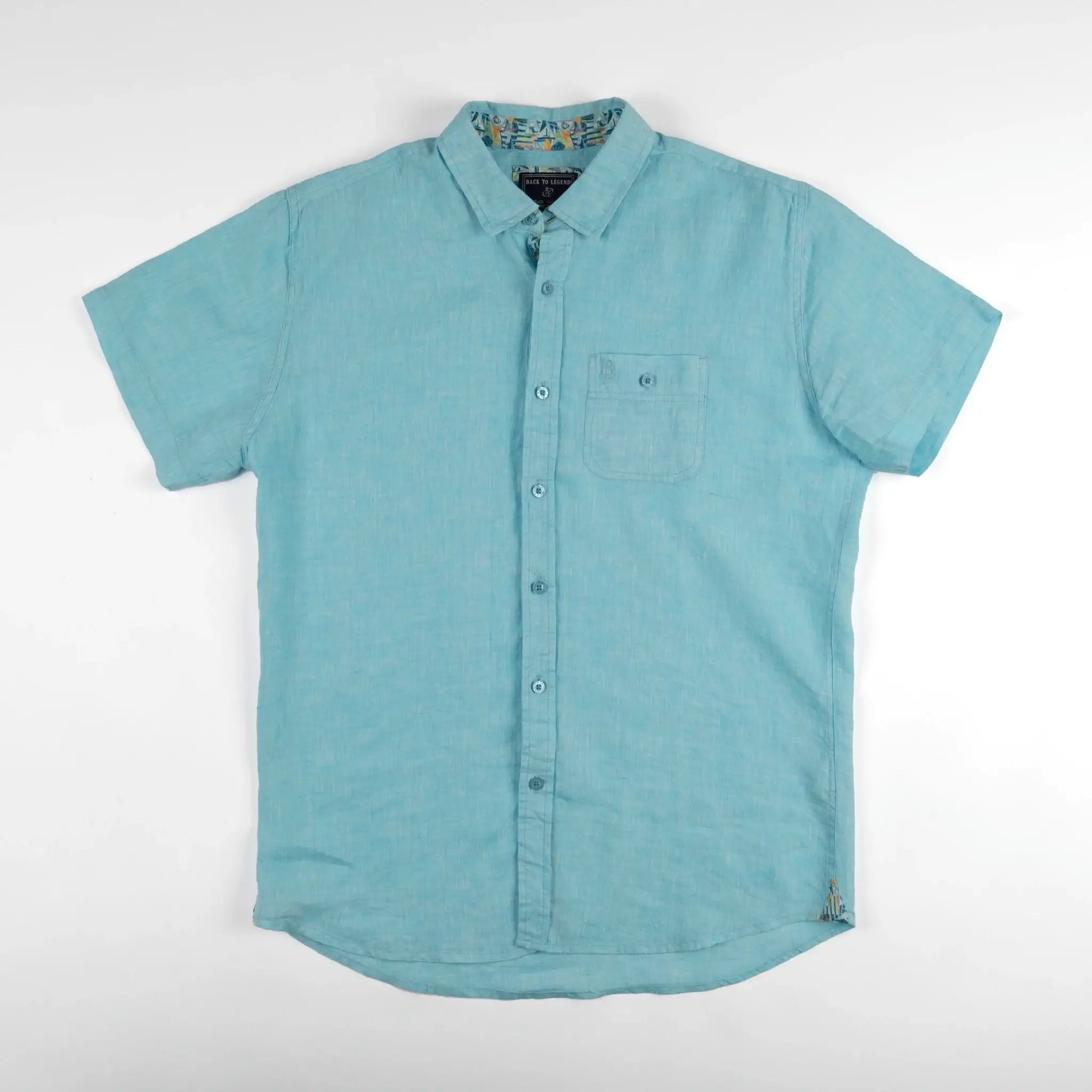 Chemise homme bleu turquoise 100% lin BACK to LEGEND (vêtement à plat de face)