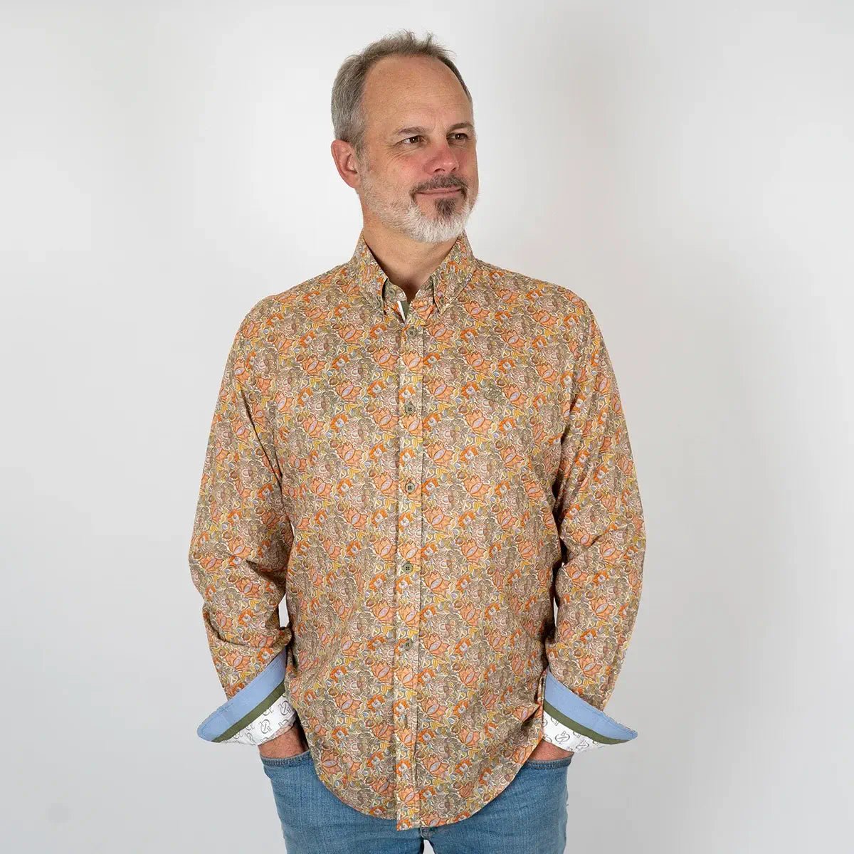 Chemise à manches longues kaki motif floral en voile de coton BACK to LEGEND