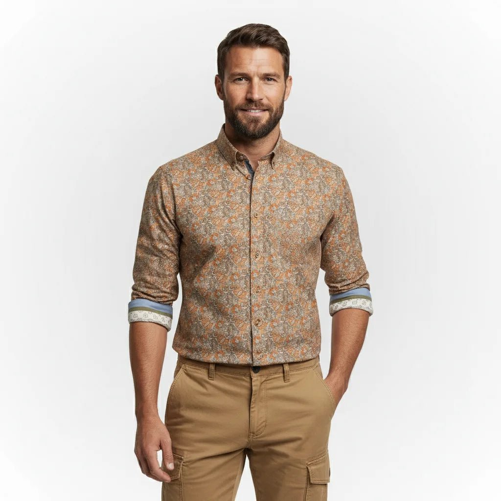 Chemise à manches longues kaki motif floral en voile de coton BACK to LEGEND