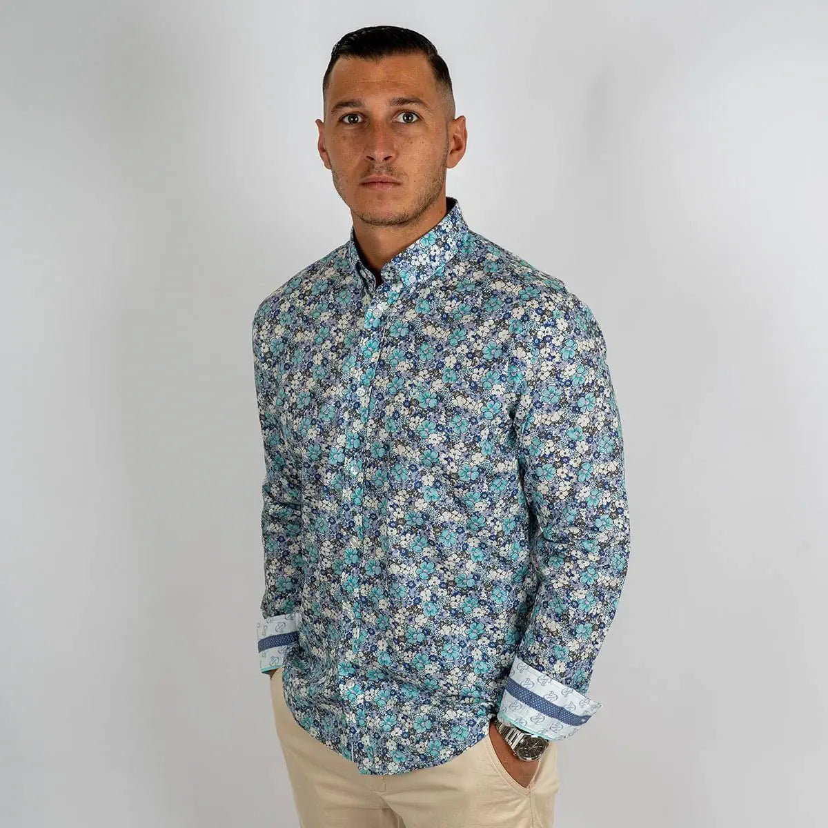 Chemise légère turquoise fleurie à manches longues Blacks Legend