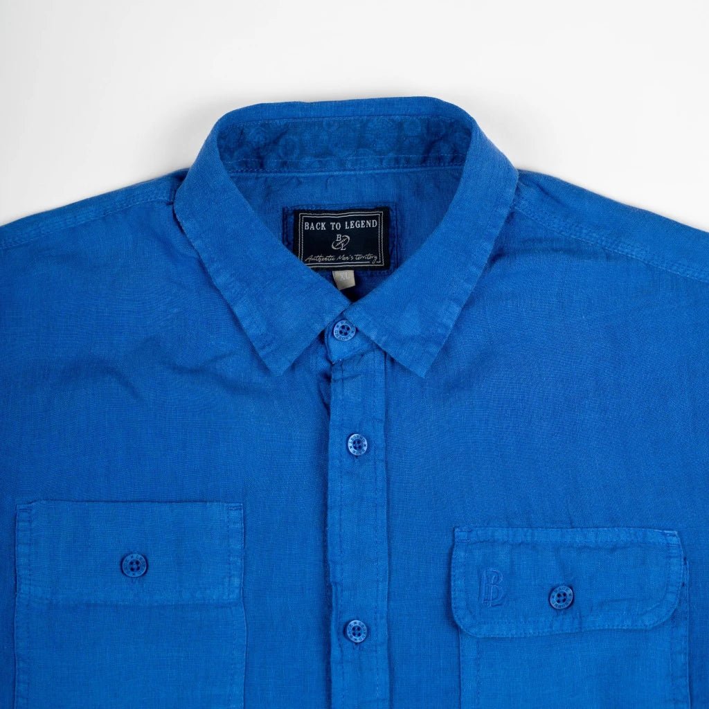 Chemise manches longues femme en lin bleue BACK to LEGEND (zoom col)