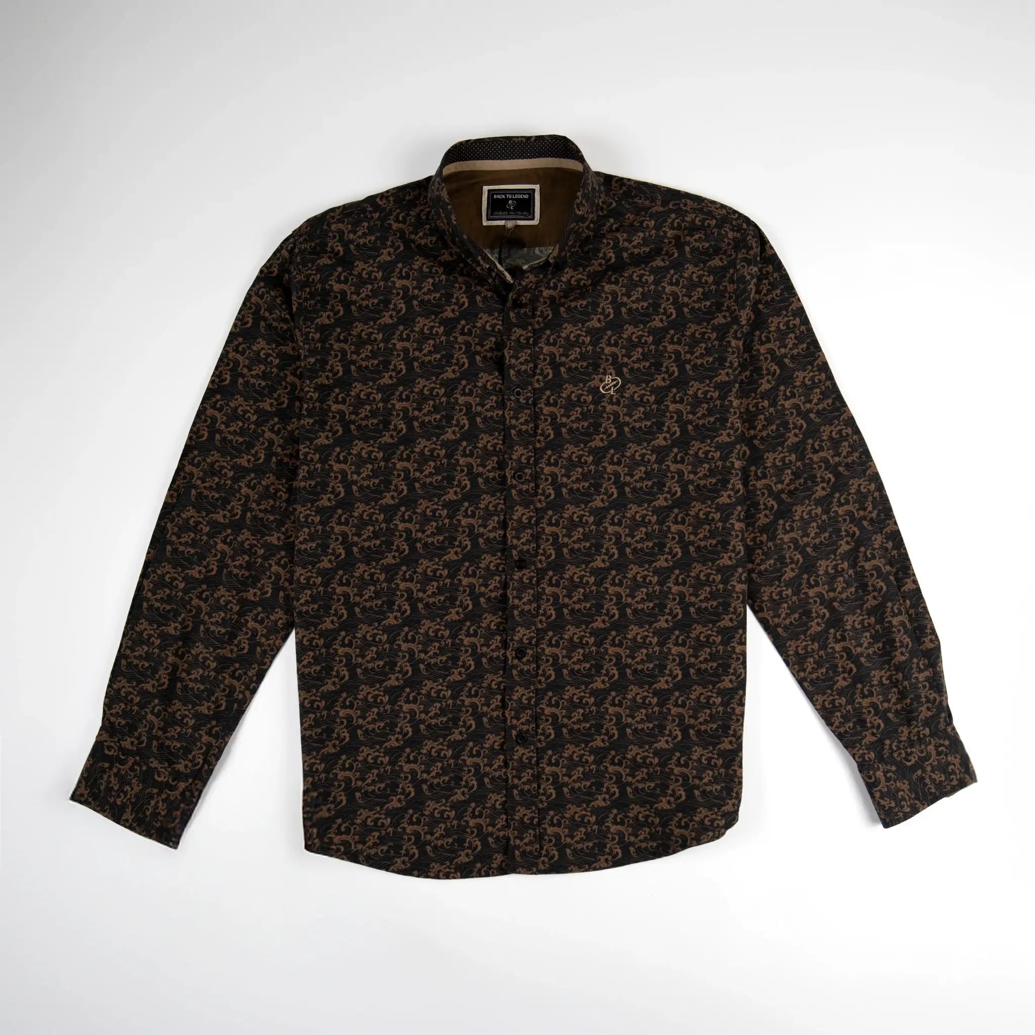 Chemise BACK TO LEGEND à manches longues noire à motif cachemire cuivre (vêtement à plat de face)