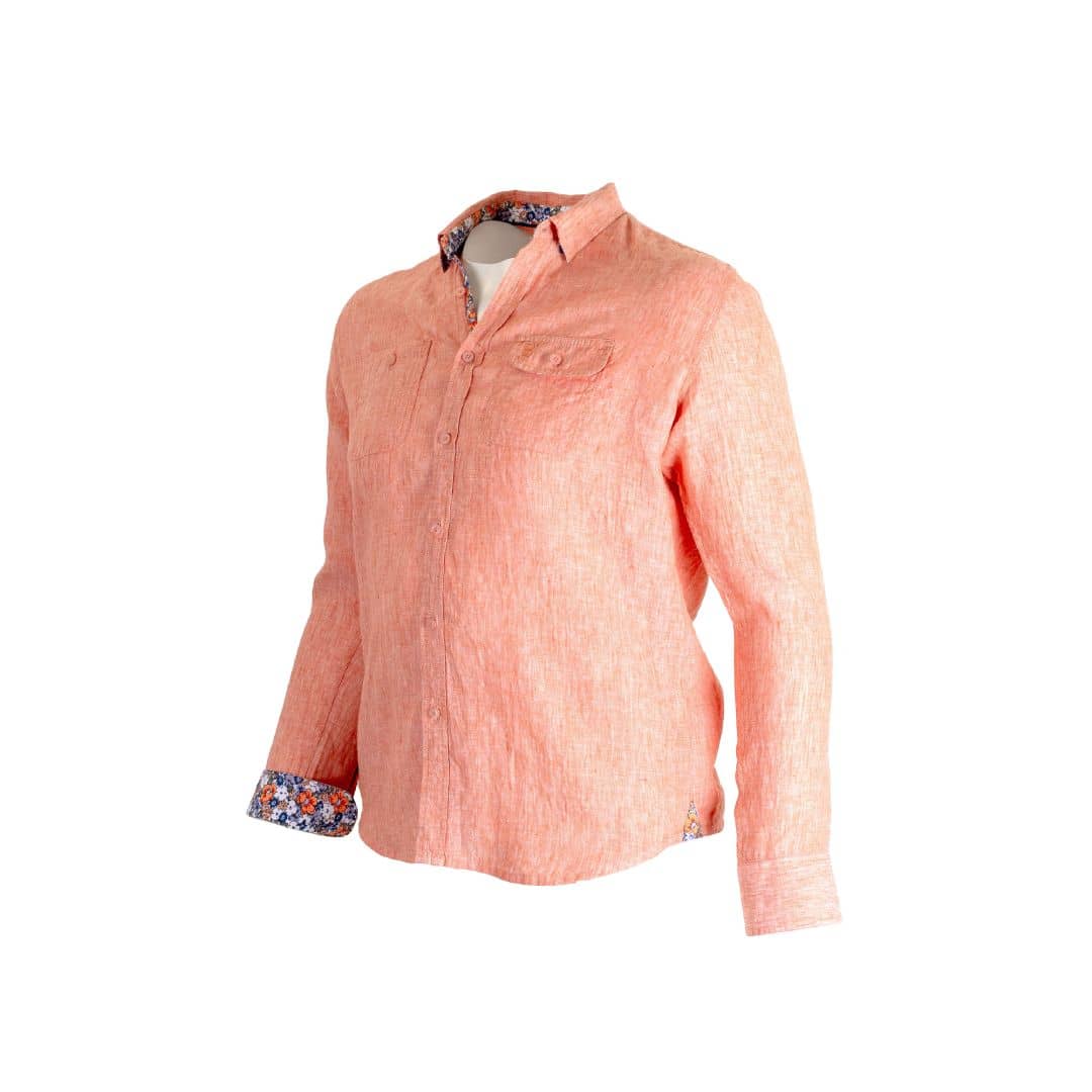 Chemise orange pâle à manches longues 100% lin (vue de 3/4 face)