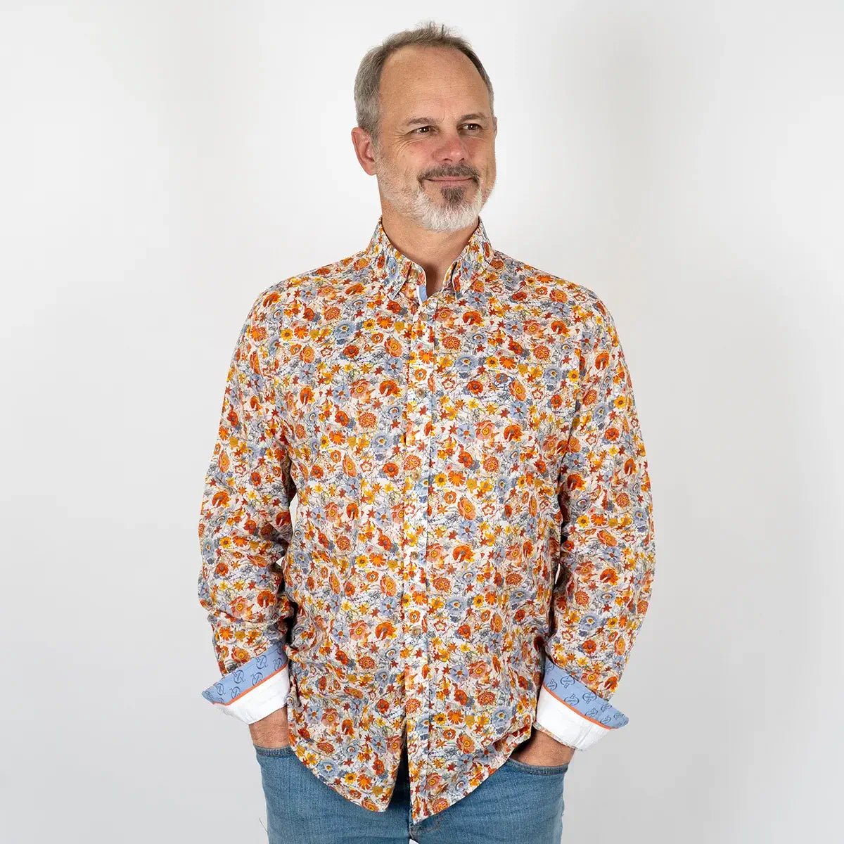 Chemise à manches longues orange à motif floral en voile de coton