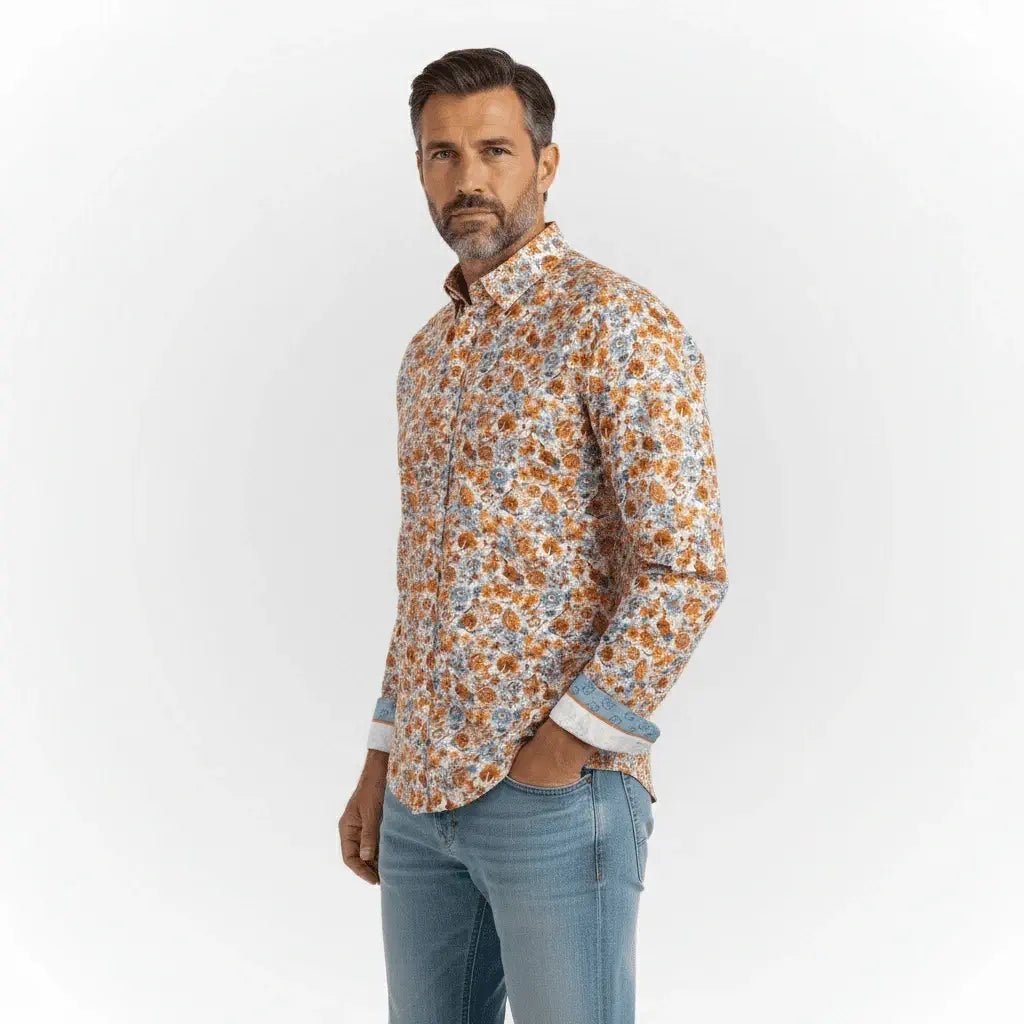 Chemise à manches longues orange à motif floral en voile de coton BACK TO LEGEND