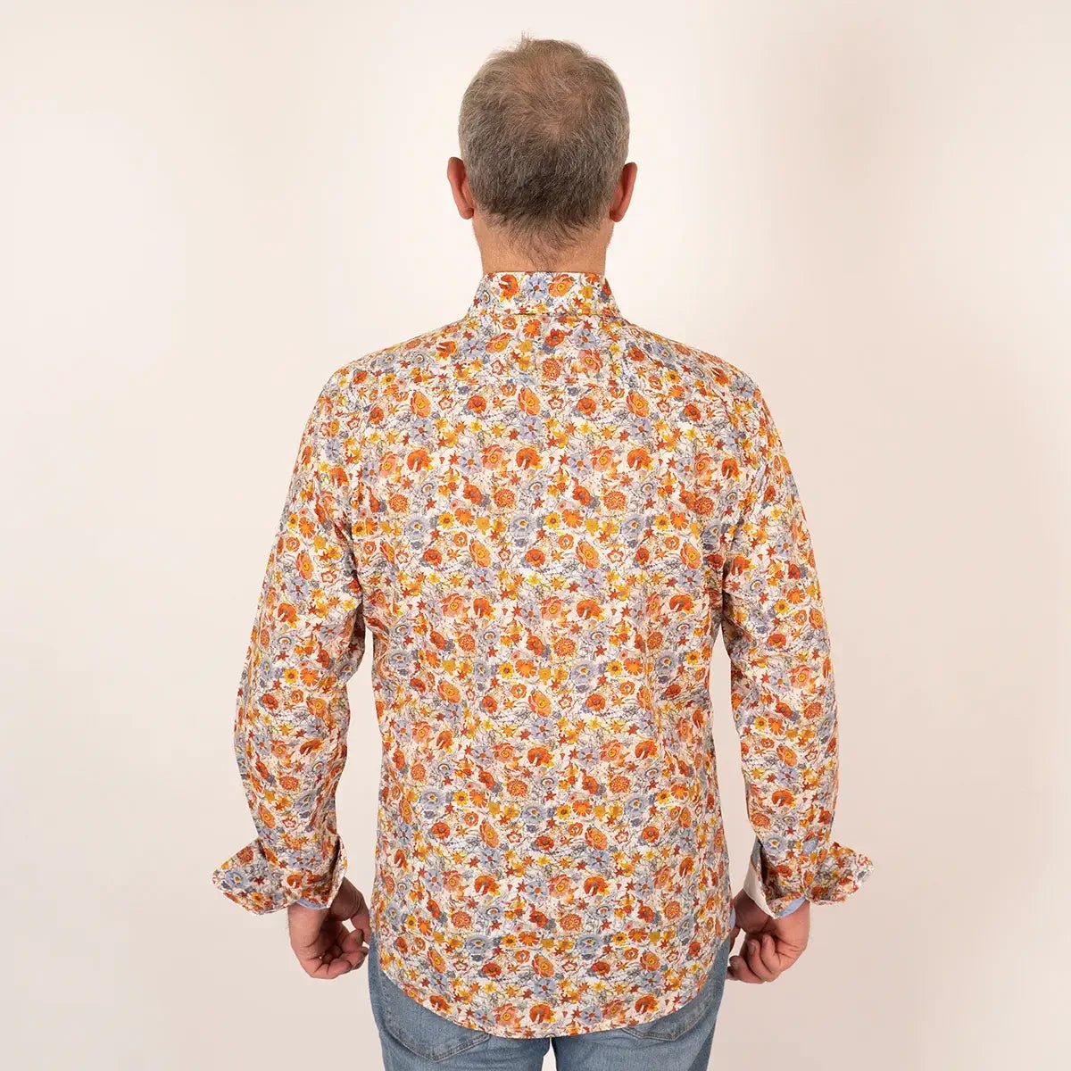 Chemise à manches longues orange à motif floral en voile de coton (vue de dos)