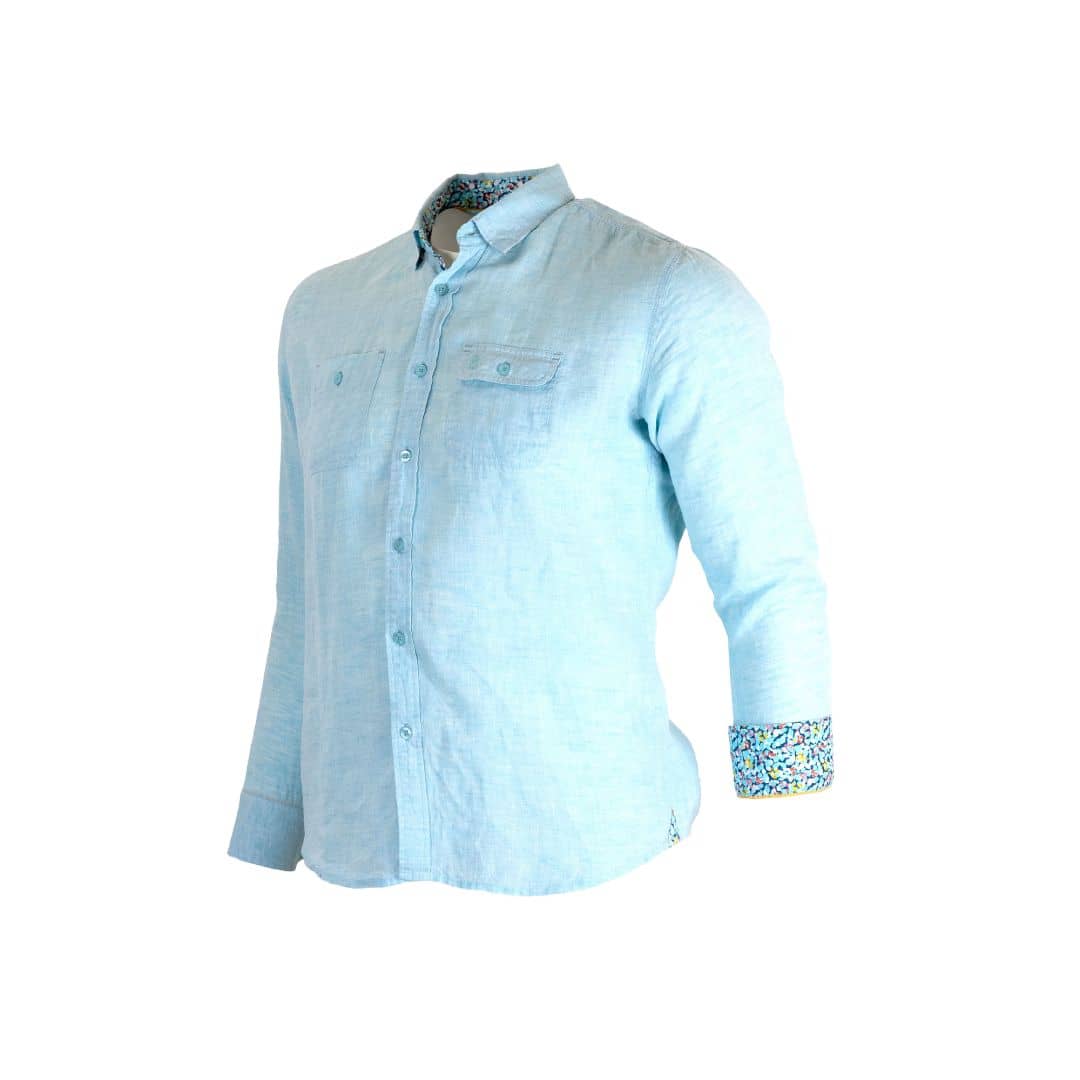 Chemise turquoise à manches longues 100% lin (vue de 3/4 face)