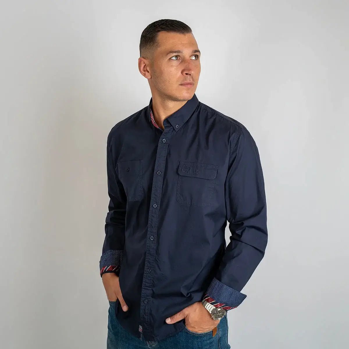 Chemise manches longues homme bleu marine 2 poches poitrine en popline BACK to LEGEND