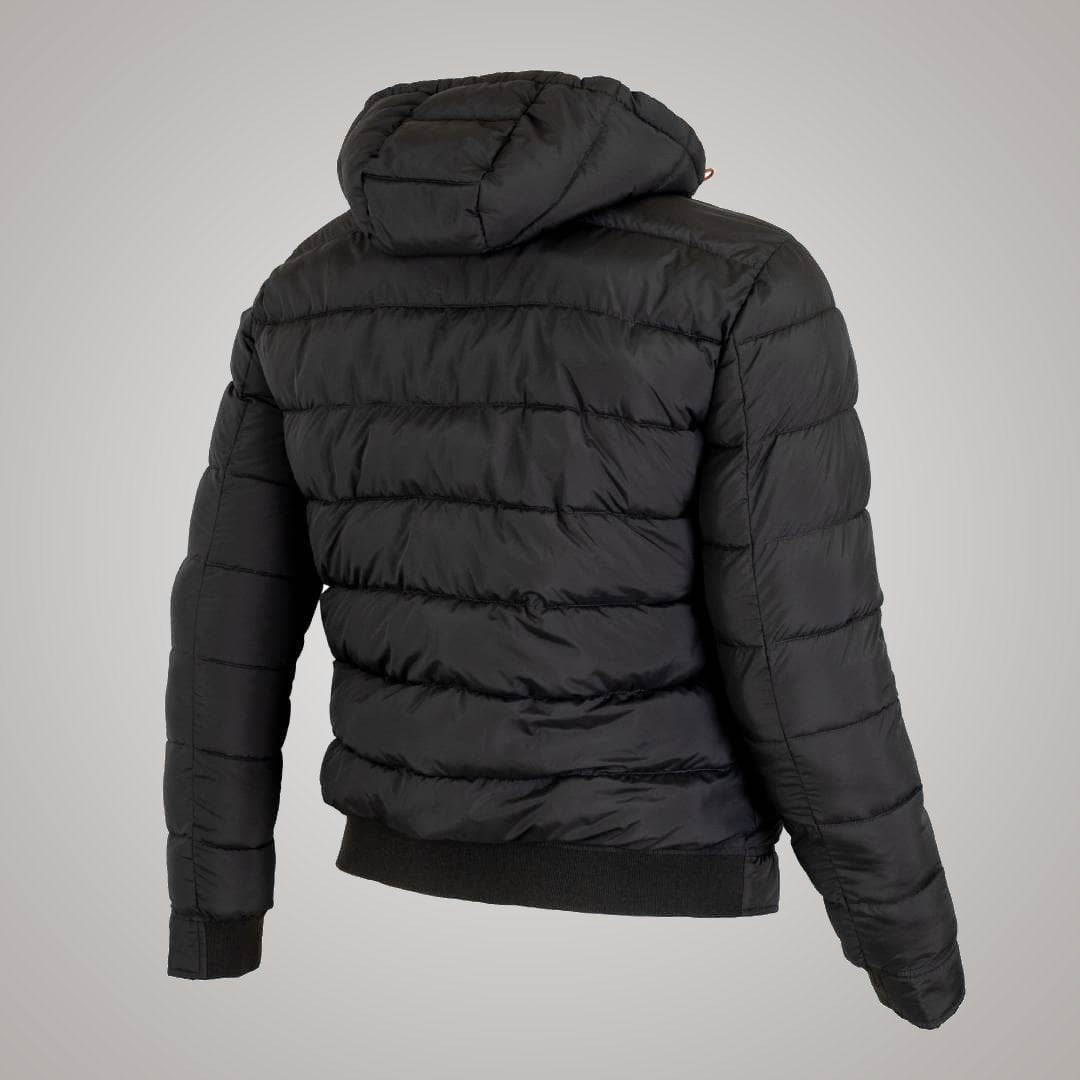 Doudoune à capuche noire doublure camouflage (vue de 3/4 arrière)