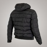 Doudoune à capuche noire doublure camouflage (vue de 3/4 arrière)