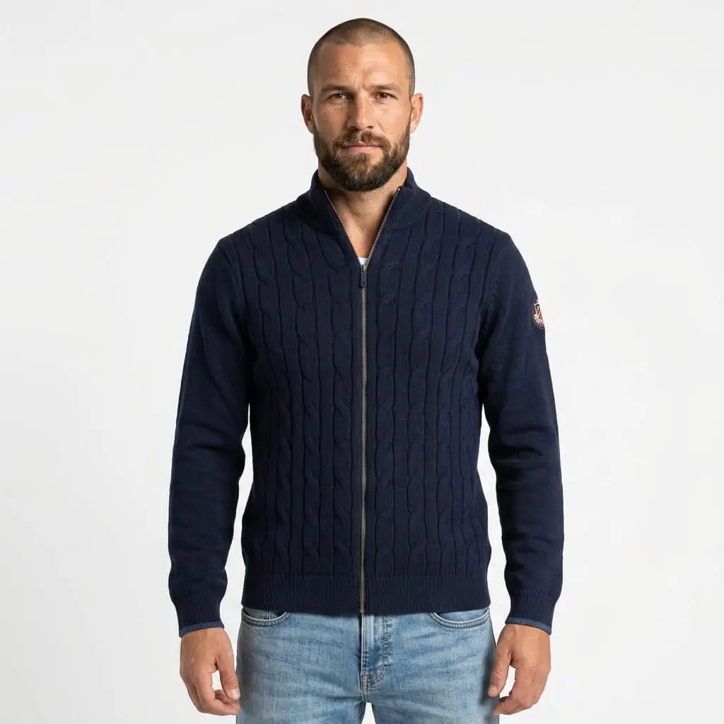 Gilet zippé bleu marine à maille torsadée BACK TO LEGEND