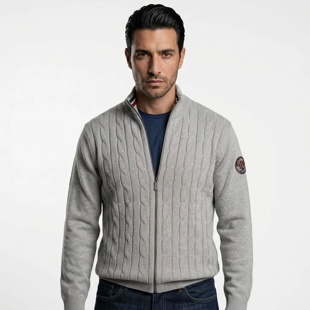 Gilet homme zippé gris chiné à maille torsadée BACK TO LEGEND