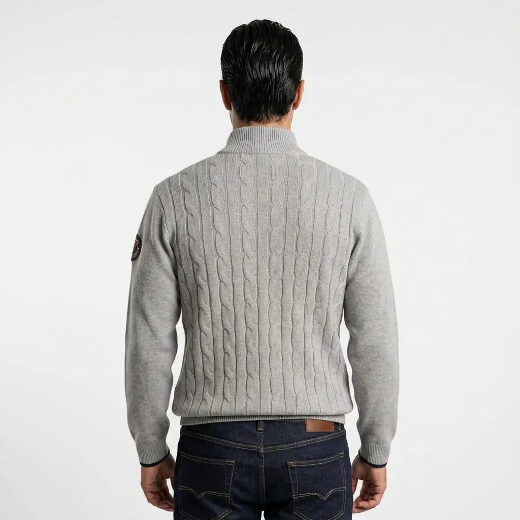 Gilet homme zippé gris chiné à maille torsadée BACK TO LEGEND
