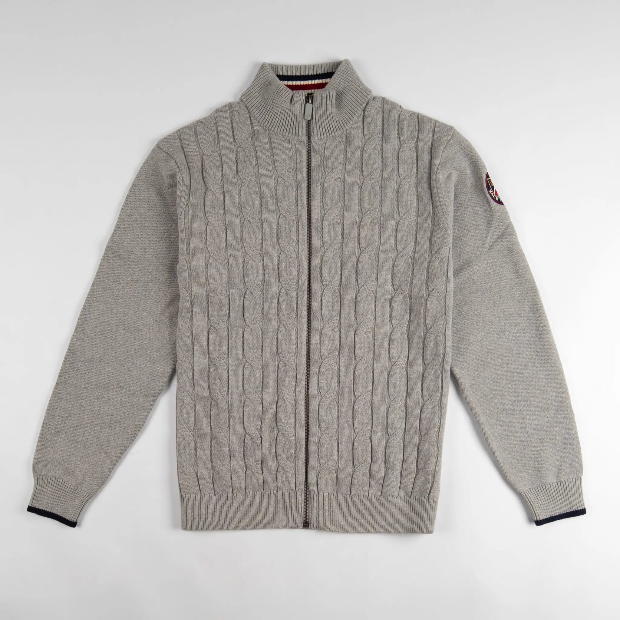 Gilet homme zippé gris chiné à maille torsadée BACK TO LEGEND (vêtement à plat de face)