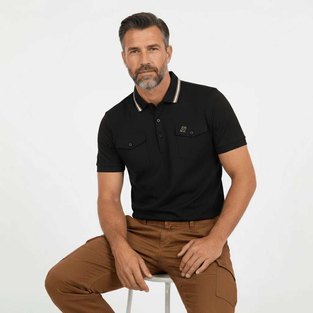 Polo homme noir anti UV noir à poches poitrine BACK to LEGEND