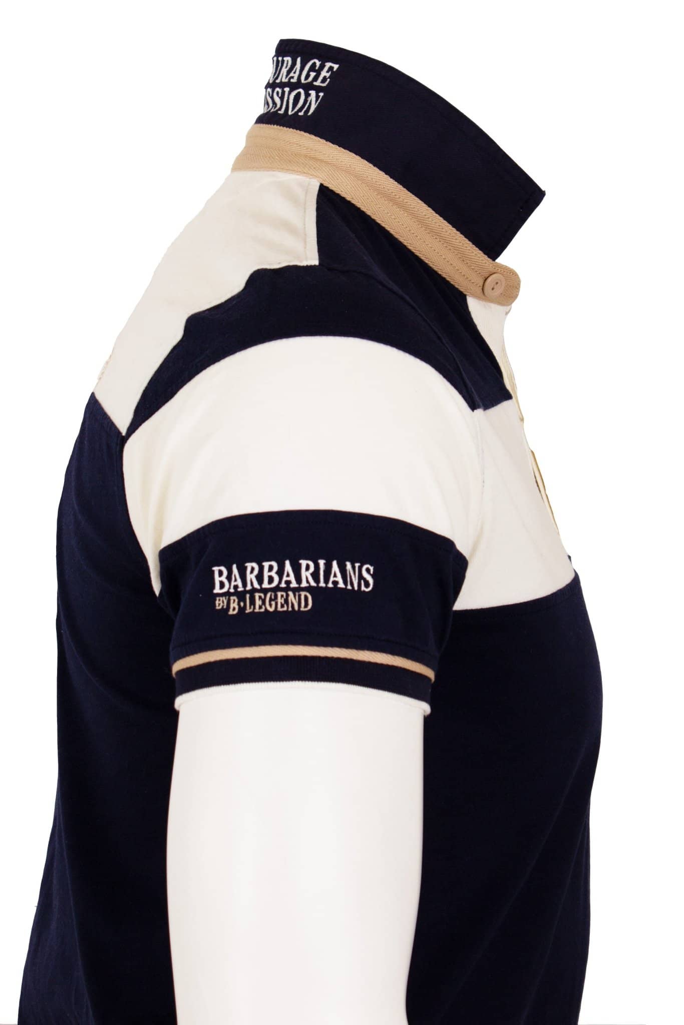 Polo bleu et blanc Barbarians n°15 (vue de profil)
