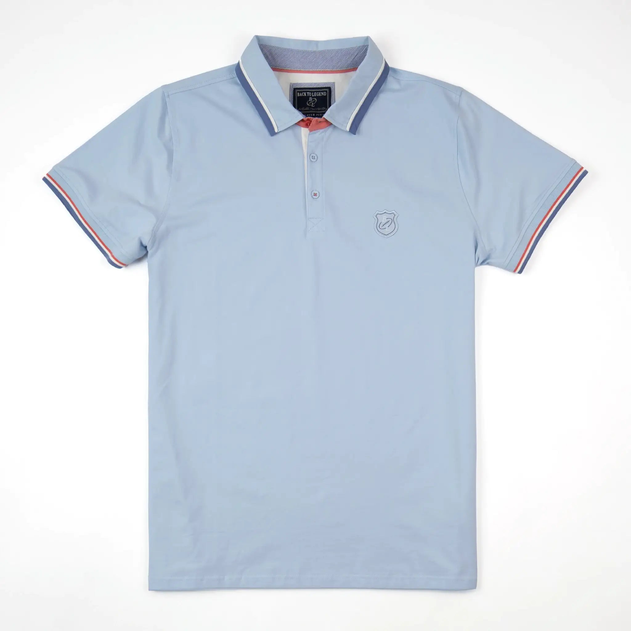Polo homme bleu ciel à col rayé contrasté et coupe ajustée BACK TO LEGEND (vêtement à plat de face)