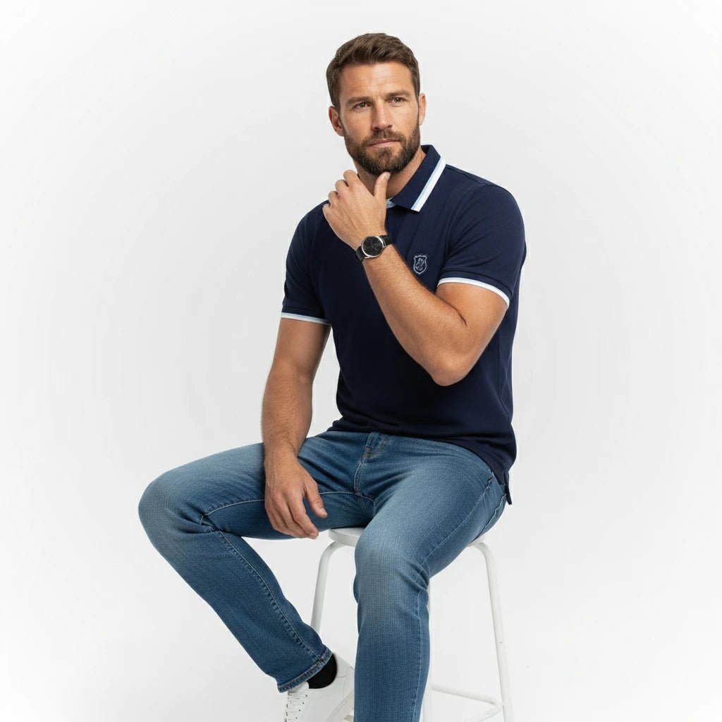 Polo homme bleu à col rayé contrasté et coupe ajustée BACK TO LEGEND