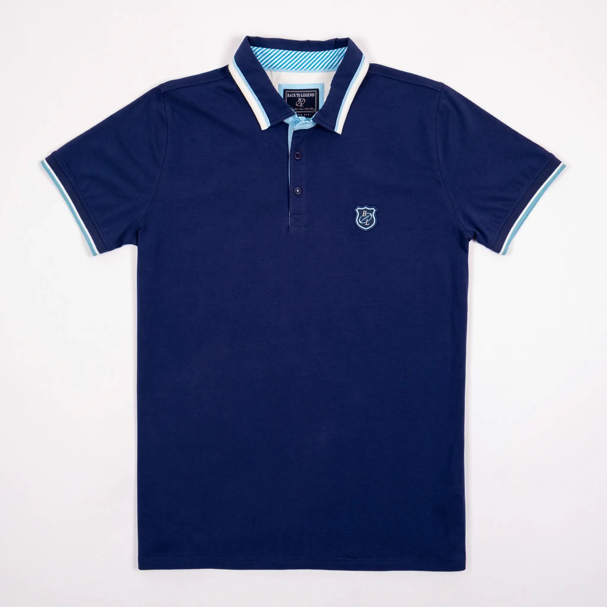 Polo homme bleu à col rayé contrasté et coupe ajustée BACK TO LEGEND (vêtement à plat de face)
