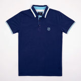 Polo homme bleu à col rayé contrasté et coupe ajustée BACK TO LEGEND (vêtement à plat de face)