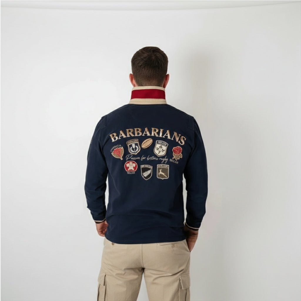 Polo bleu marine à manches longues Barbarians multi-badge (vue de dos)